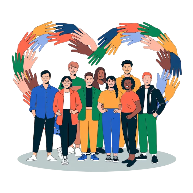 Diverse group of people standing before a heart made of hands illustration